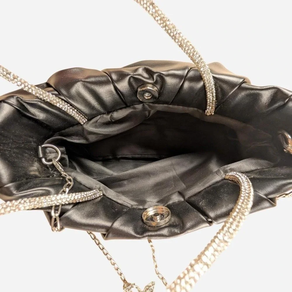 Black Faux Leather Handbag Silver Chain Strap‎ Rhinestone Handles Glamour Party